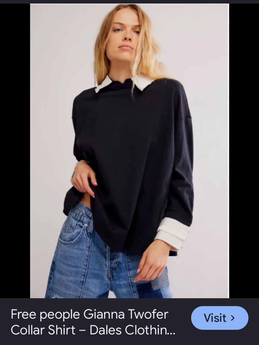 Free People Black Gianna Twofer Collar Sweatshirt with White Collar & Cuffs